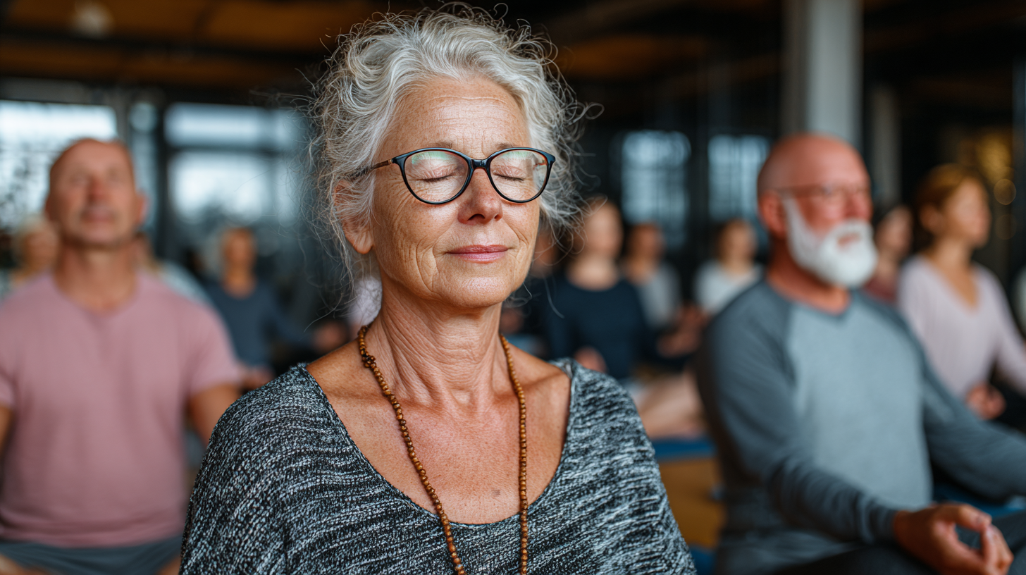 Idősebb hölgy jógázik természetes környezetben, mosolyog és relaxált